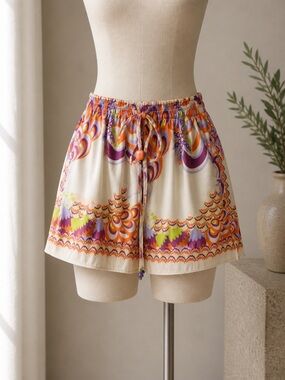 Zara Cream Drawstring Shorts with Purple, Orange & Lime Print